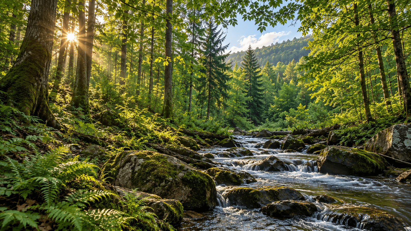 Sunlight through woodland beside a rocky stream