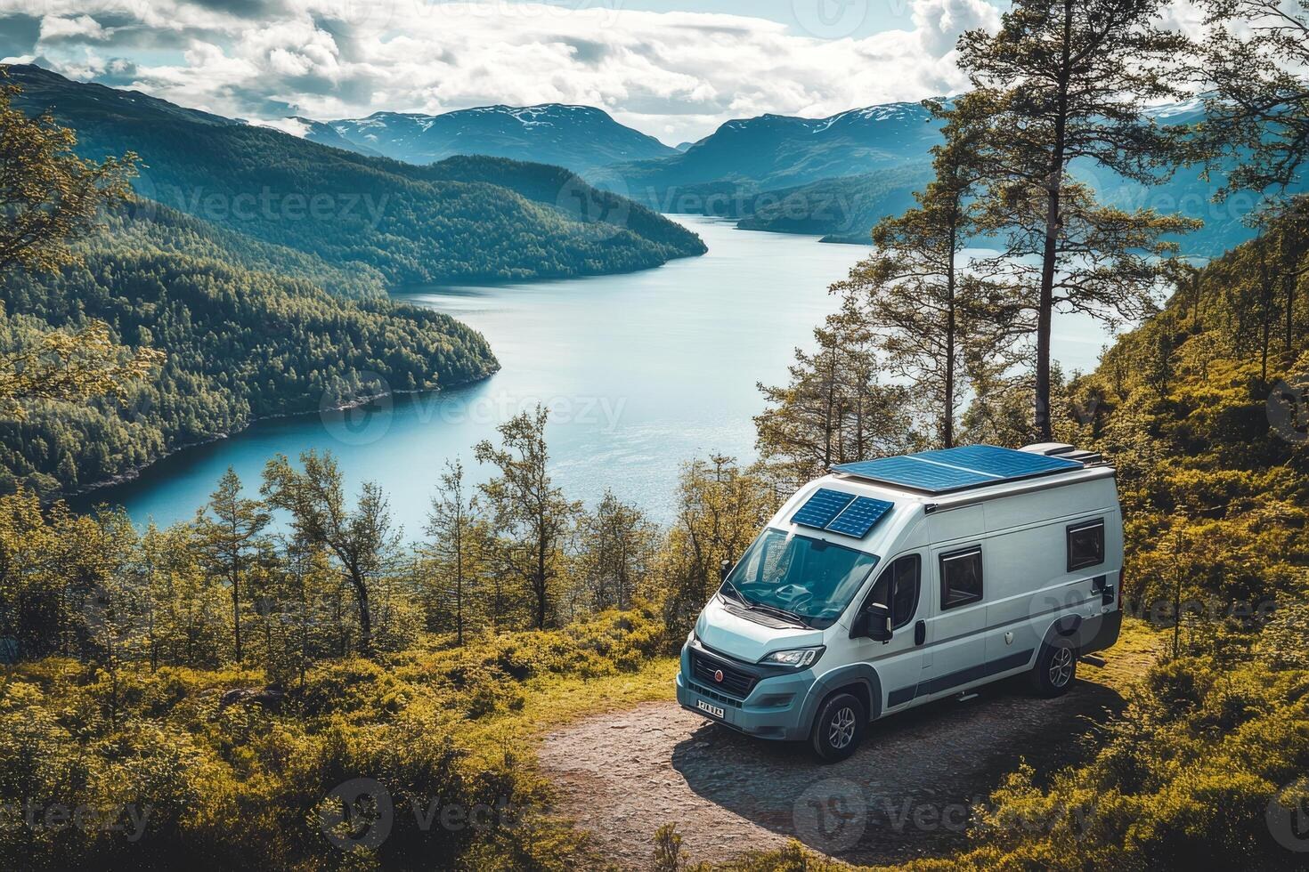 A campervan visiting a remote Highland-style landscape