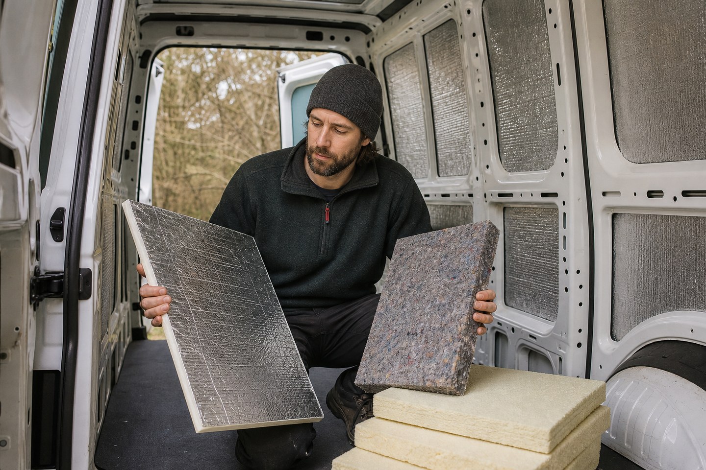 Different insulation materials being compared inside a campervan