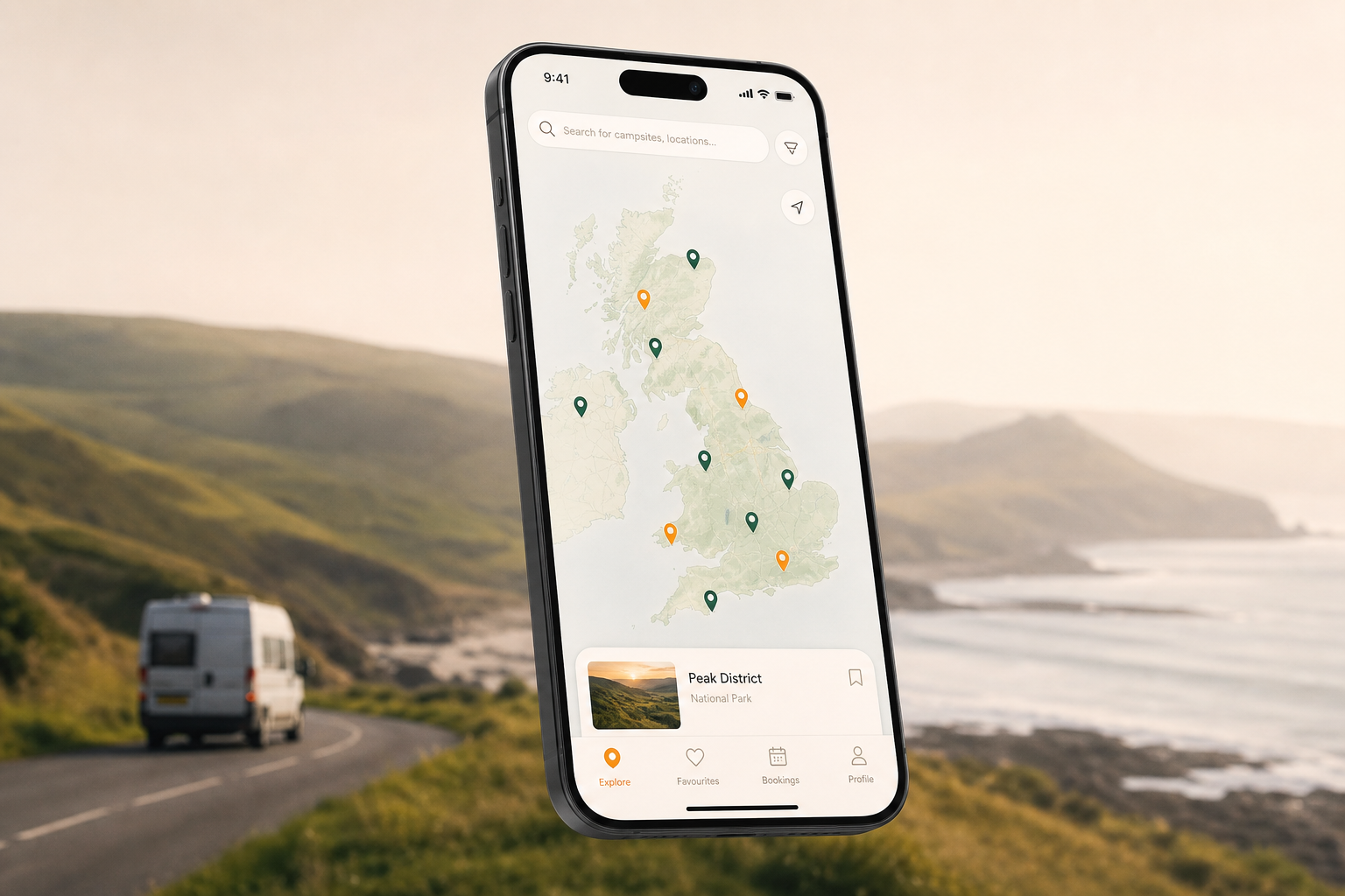 CampaMate map on phone with campsites and stopovers