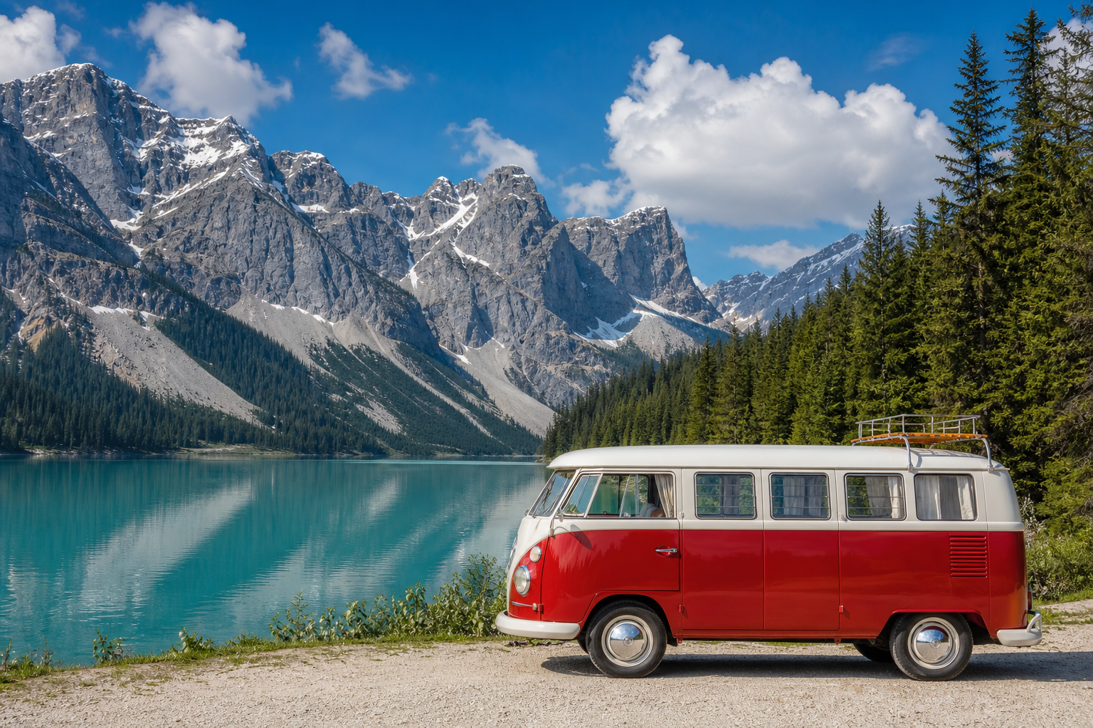 Red and white VW campervan beside an alpine lake
